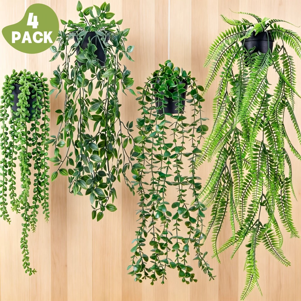 Hanging Artificial Greenery Vines, Four-Piece Mixed Pack with Boston Fern, Eucalyptus and Trailing Styles