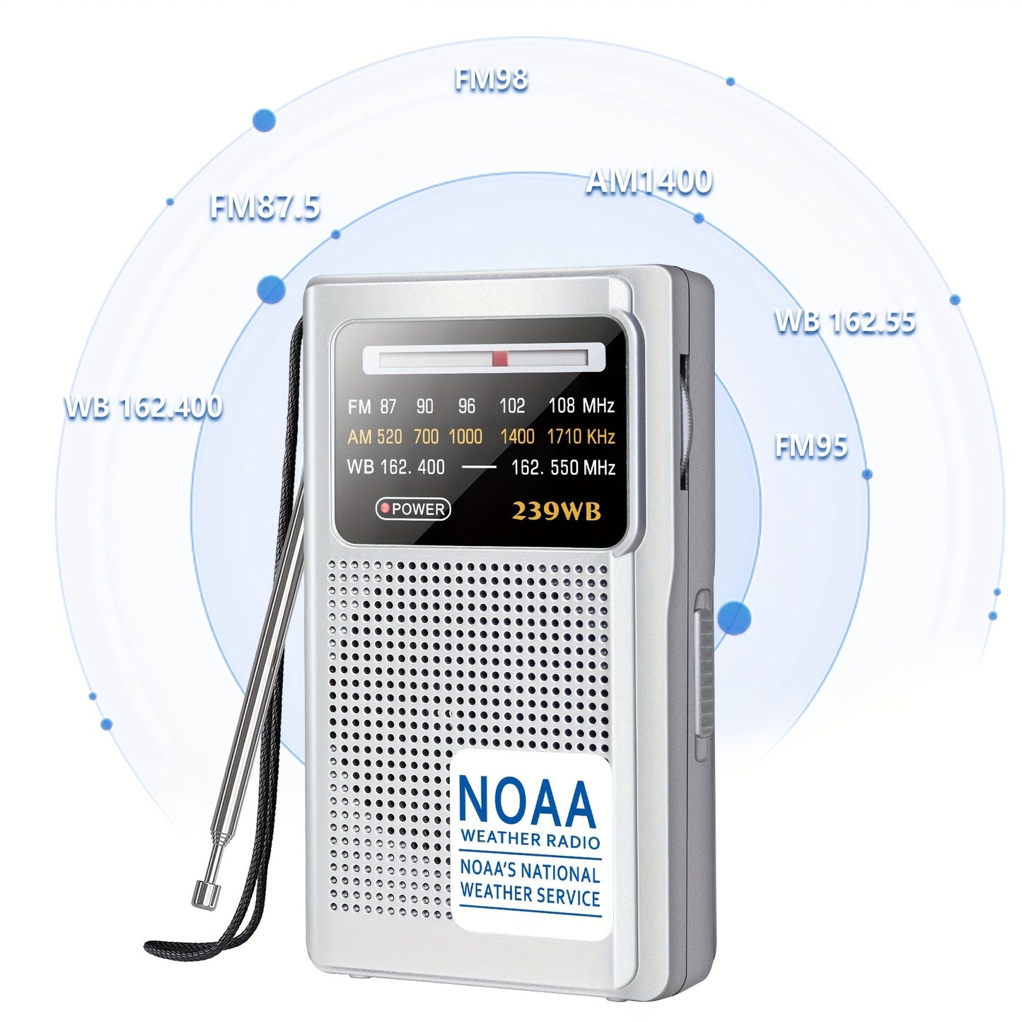 Portable AM/FM/NOAA Weather Radio with 2-AA Battery Power, Earphone Jack and Three Color Options
