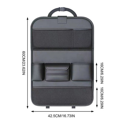 Black PU Leather Car Seat Back Organizer with Laptop Sleeve, Mesh Pockets, Bottle Holders and Foldable Storage