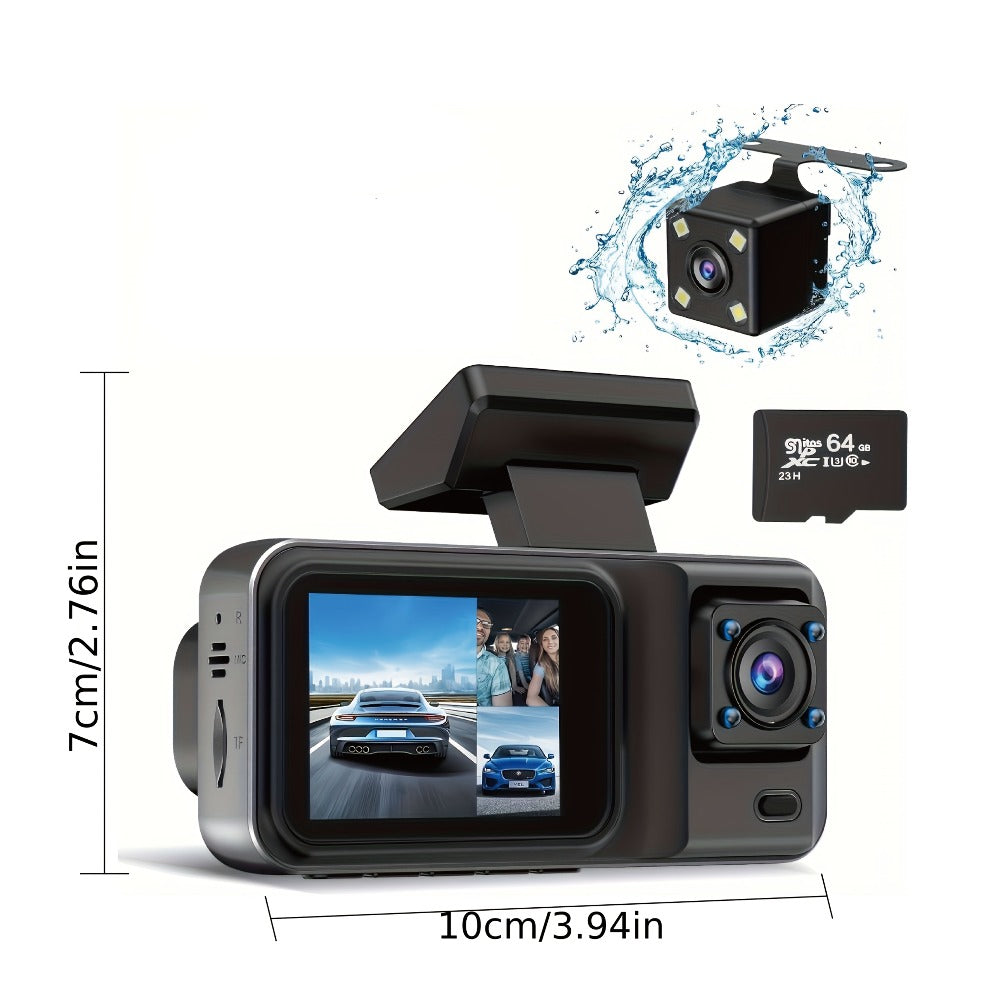 3 Channel Dash Cam Front Rear Inside 1440P+1080P+1080P with 64GB SD Card, Super Night Vision, Loop Recording, G-Sensor, Motion Detection, 24-Hour Parking Mode