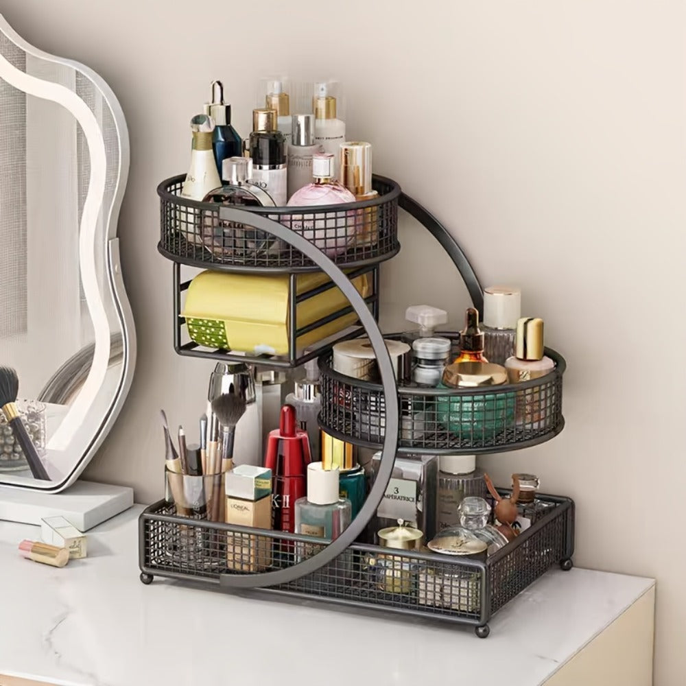 Three-Tier Metal Cosmetic Organizer with Tissue Box Holder in Black or White for Countertop Storage