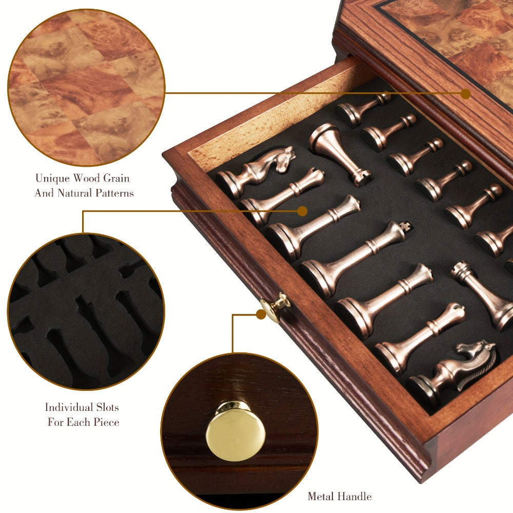 12-Inch Wooden-Style Chess Set with Metal-Finish Pieces, Two Storage Drawers and Two Extra Queens for Adults