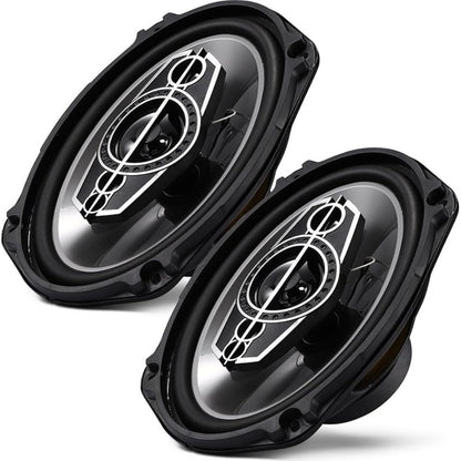 Pair of 6 x 9 Inch Five-Way Coaxial Car Speakers Labeled 1000W Peak, 120W RMS and 4 Ohms with Grilles