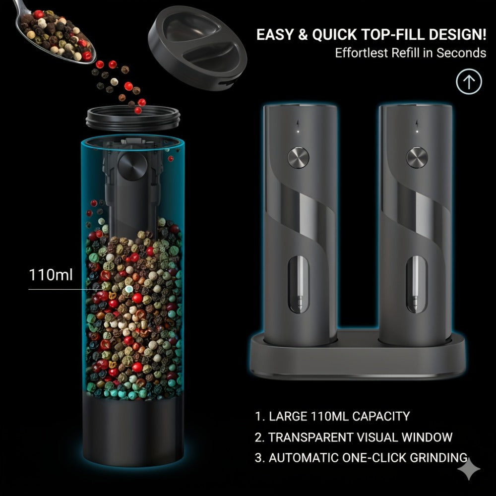 Electric Salt and Pepper Grinder Set – Rechargeable Automatic Mills with LED Light, Adjustable Coarseness & 3.72oz Capacity for Home Kitchen, BBQ, Restaurant & Outdoor Entertaining