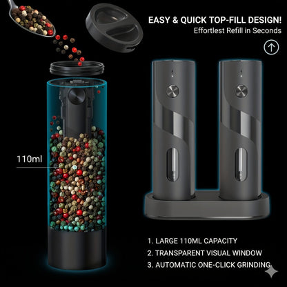 Electric Salt and Pepper Grinder Set – Rechargeable Automatic Mills with LED Light, Adjustable Coarseness & 3.72oz Capacity for Home Kitchen, BBQ, Restaurant & Outdoor Entertaining