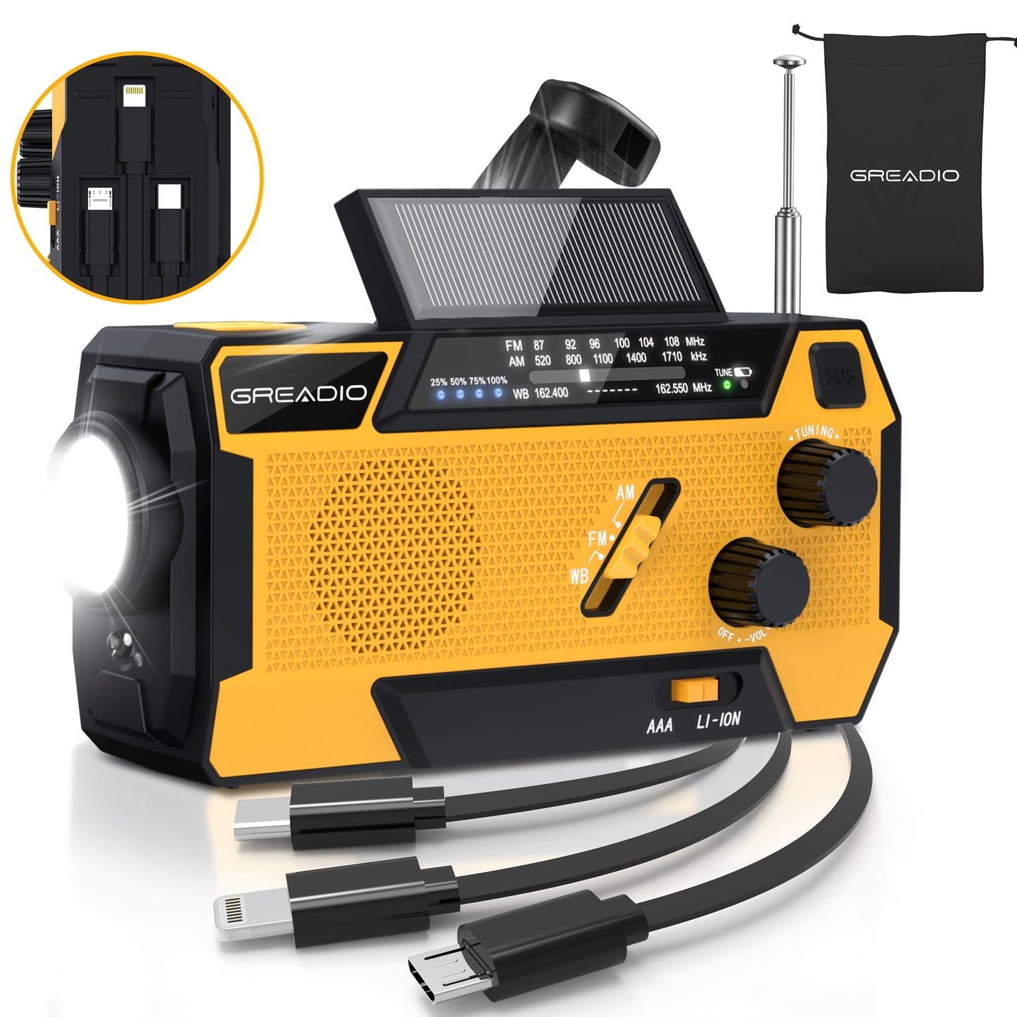 2000mAh AM/FM/NOAA Emergency Radio with Built-In Charging Cables, Solar Panel, Hand Crank and Three Colors