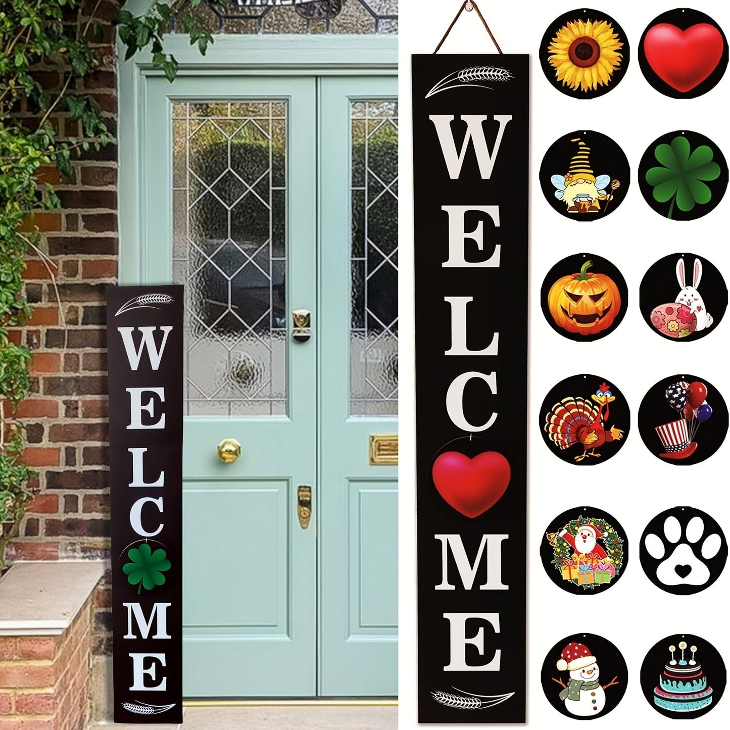 Seasonal Welcome Porch Sign with 12 Interchangeable Icons, 47-Inch Leaner Board in Six Color Options