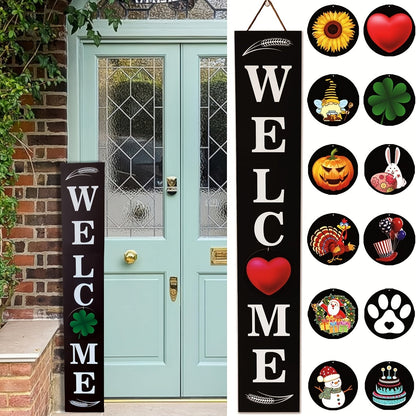 Seasonal Welcome Porch Sign with 12 Interchangeable Icons, 47-Inch Leaner Board in Six Color Options