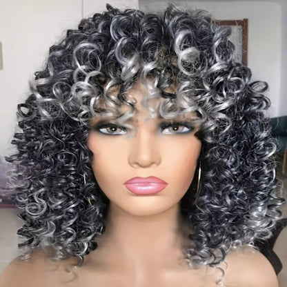 Synthetic Wig 14-Inch Kinky Curly Afro with Bangs in Black, Granny Gray or Dark Brown for Daily Styling