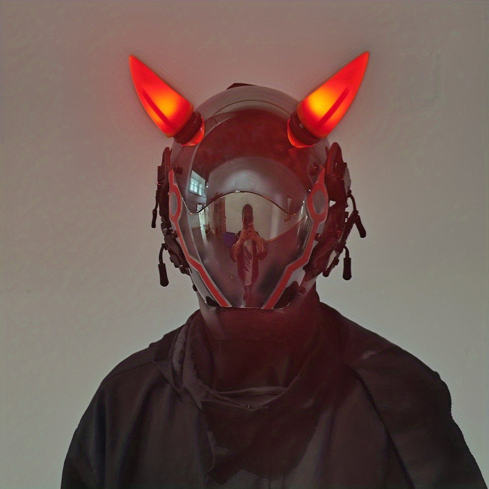 Pink LED Cyberpunk Costume Mask with Horned Full-Face Helmet, Reflective Visor and Lighted Accent Lines