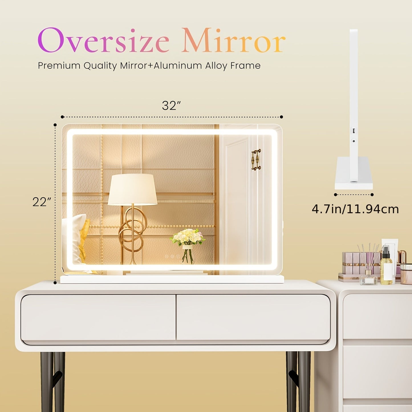 Rectangular LED Vanity Mirror with Three Light Colors and Three Size Checkouts from 13 x 17 to 32 x 22 Inches