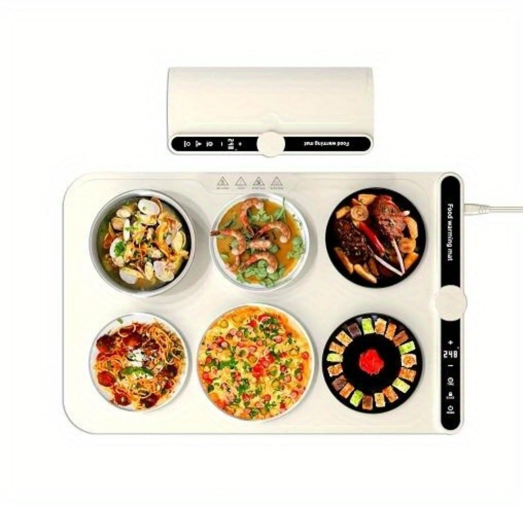 Electric Food Warming Mat with 6 Temperature Levels & 6-Hour Timer – Full Surface Roll-Up Heating Tray for Holiday Parties Buffets Dining Table Keeps Food Warm Blue Beige