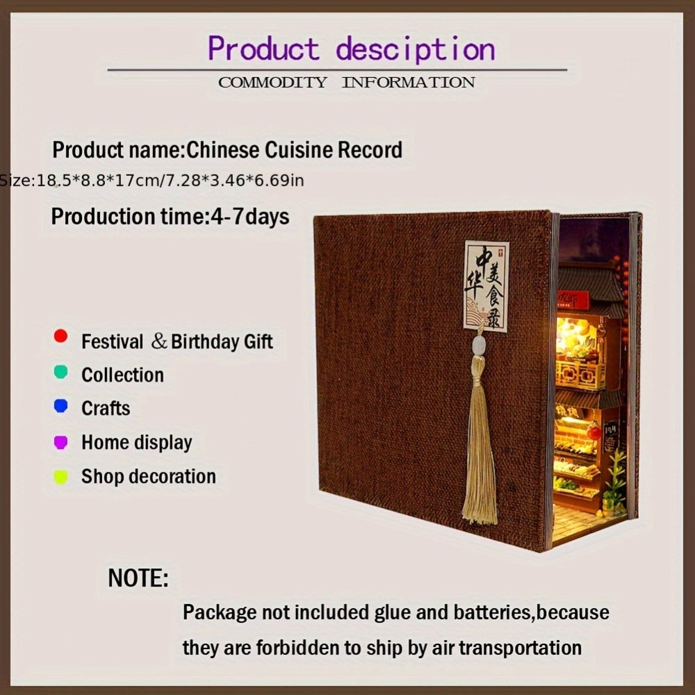 Chinese Food Street Book Nook Kit with LED-Lit Miniature Shops, Sliding Dust Cover and Wooden Shelf Insert