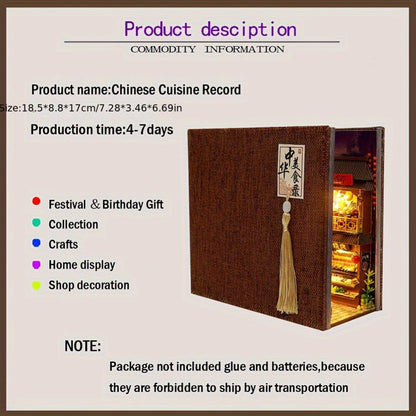 Chinese Food Street Book Nook Kit with LED-Lit Miniature Shops, Sliding Dust Cover and Wooden Shelf Insert