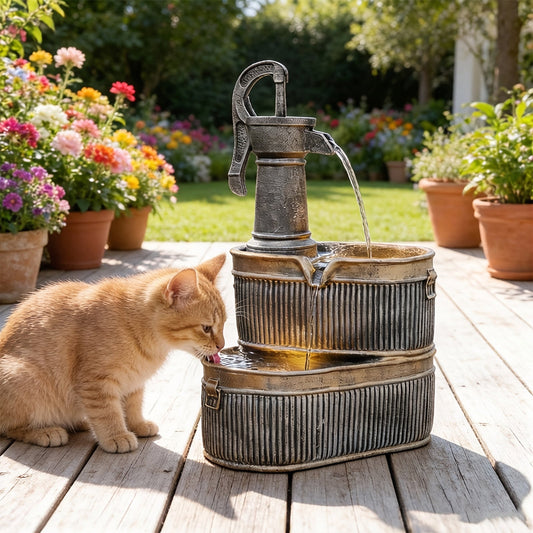 Outdoor Water Fountain 2-Tier Barrel with LED Light & Pump - Rustic Resin Garden Fountain for Patio, Yard & Deck Decor, Bronze Finish, Continuous Flow