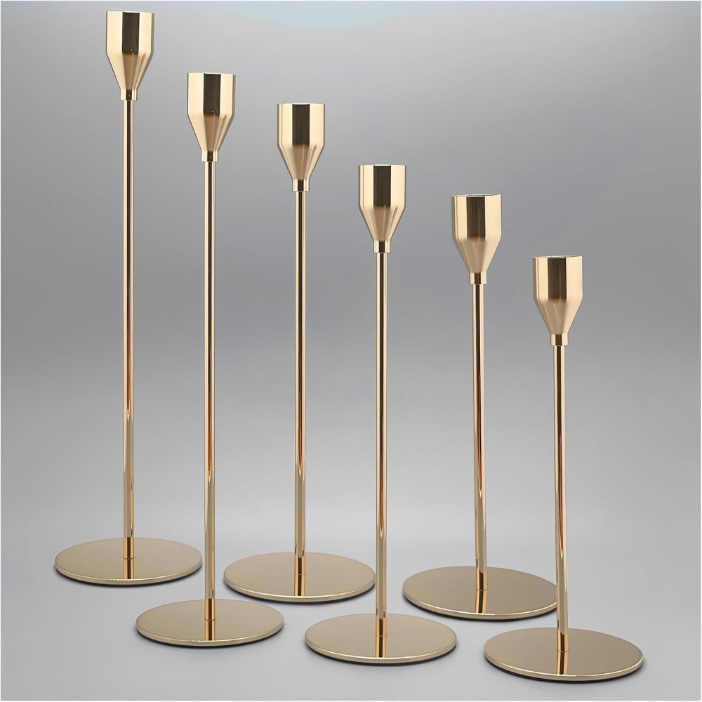 Metal Taper Candle Holder Set of Six with 23cm, 28cm and 33cm Graduated Stems in Gold, Rose Gold or Black