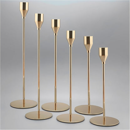 Metal Taper Candle Holder Set of Six with 23cm, 28cm and 33cm Graduated Stems in Gold, Rose Gold or Black