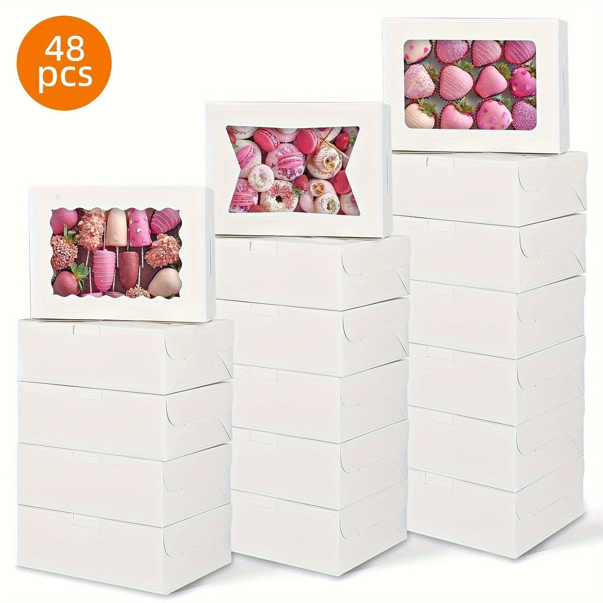 Cookie Boxes with Window 48 Pack, 8x6x2.5" Kraft Bakery Boxes for Cookies, Macarons, Pastries & Cake