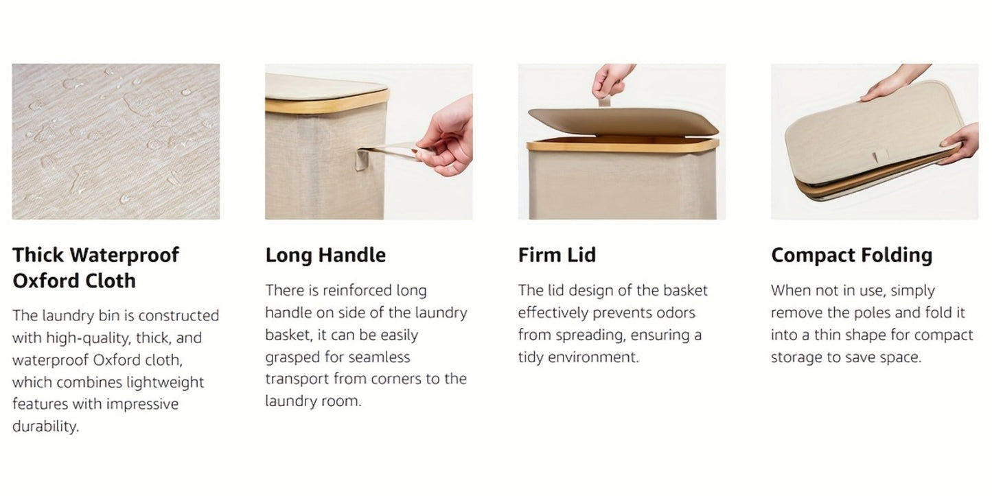 Slim Laundry Hamper with Lid & Removable Bag – Foldable Narrow Clothes Basket with Bamboo Handles for Bathroom, Bedroom & Dorm – 50L / 65L / 75L Space-Saving Collapsible Laundry Bin
