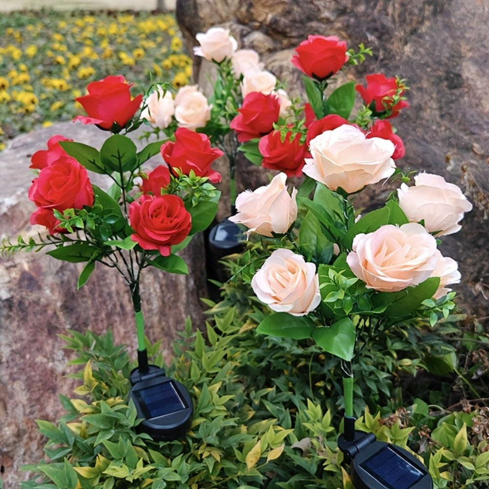Solar Rose Garden Stake Lights with Separate Panels, Two Stakes and 14 Flowers in Red or Pink