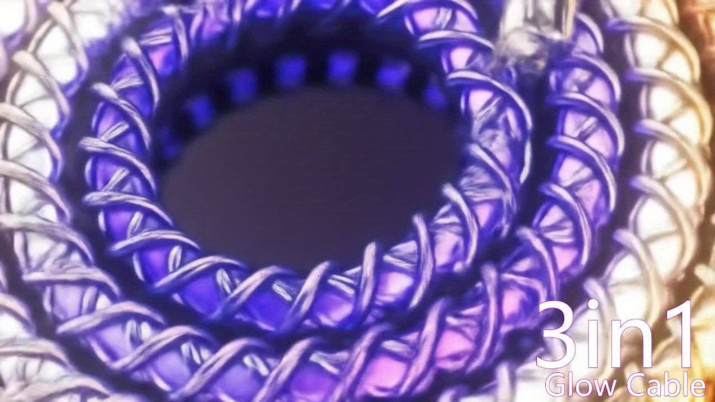 RGB-Lit Braided Charging Cable with USB-A Input and Lightning, USB-C and Micro USB Connector Ends