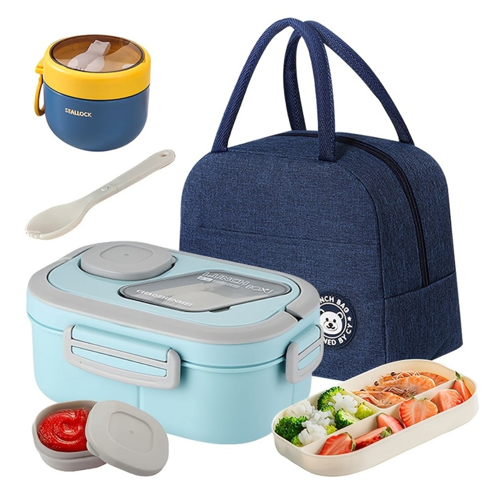 Two-Layer Bento Box Set with Multiple Compartments, Cup, Carry Bag, Cutlery and Sauce Container