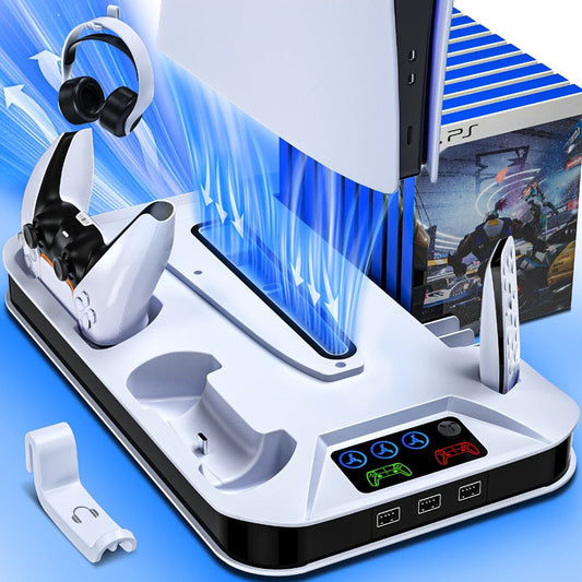 PS5 Pro Slim Cooling Station with Controller Charging Station for PS5/Slim/Pro Standard & Disc/Digital Console, Stand Cooler Accessories with Cooling Fan, 3 USB Hubs, Headset Holder & Screw Included