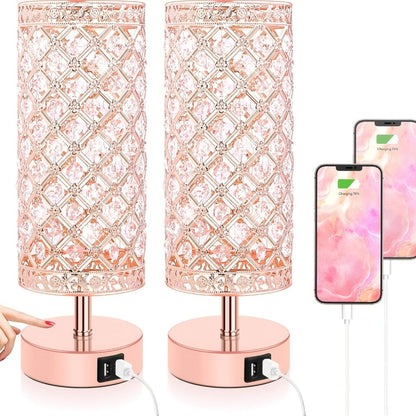 Crystal Bedside Table Lamp with Touch Control & 2 USB Charging Ports, 3-Way Dimmable Nightstand Lamp with Decorative Crystal Base, LED Bulb Included, for Bedroom Living Room Office