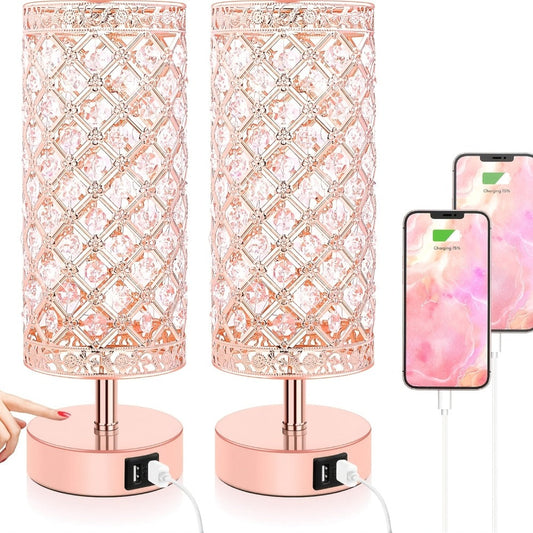 Crystal Bedside Table Lamp with Touch Control & 2 USB Charging Ports, 3-Way Dimmable Nightstand Lamp with Decorative Crystal Base, LED Bulb Included, for Bedroom Living Room Office