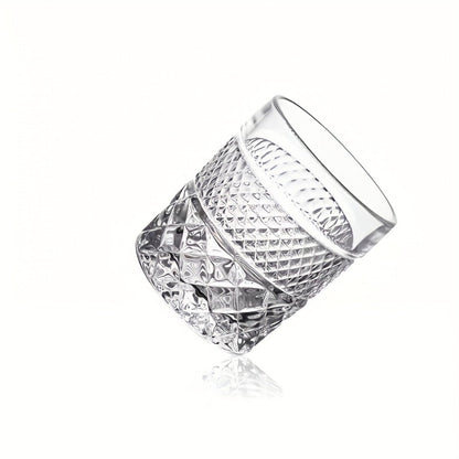 Single Embossed Whiskey Tumbler with Square Rim, Diamond-Cut Pattern and Thick Clear Base for Home Bar Service