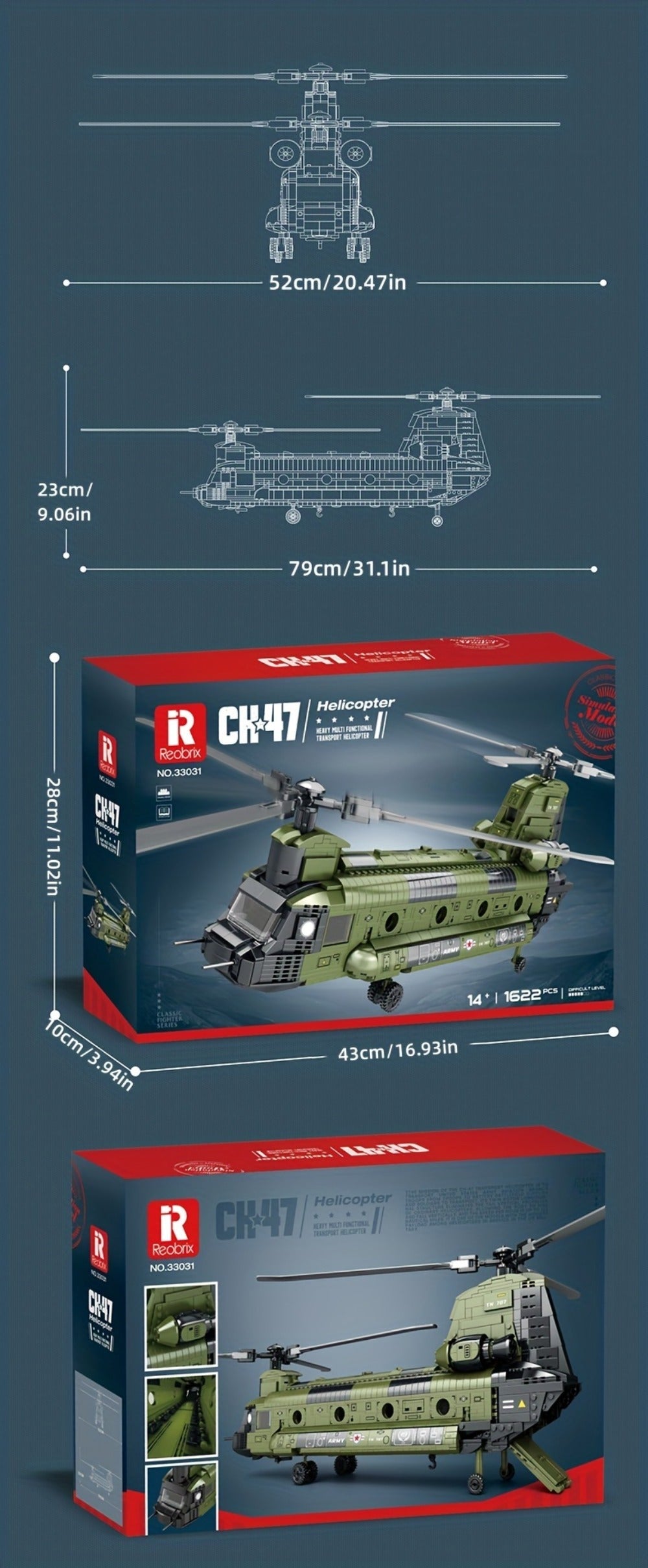 CH-47 Chinook Transport Helicopter Building Block Model with 1,622 Pieces for Adult Aviation Display