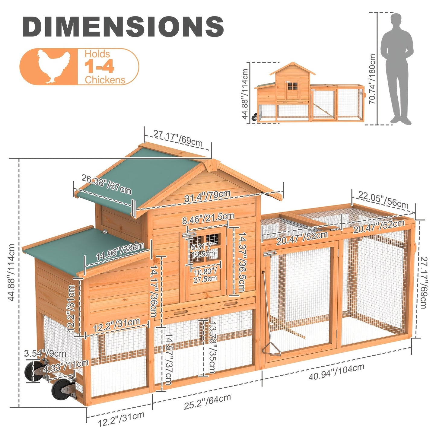 Chicken Coop on Wheels with Nesting Box & Removable Tray | Portable Wooden Hen House for 3-4 Hens with Expandable Run, Wood or Sunshine Board Roof