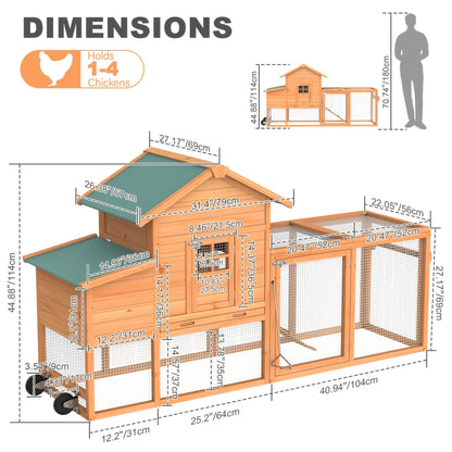 Chicken Coop on Wheels with Nesting Box & Removable Tray | Portable Wooden Hen House for 3-4 Hens with Expandable Run, Wood or Sunshine Board Roof