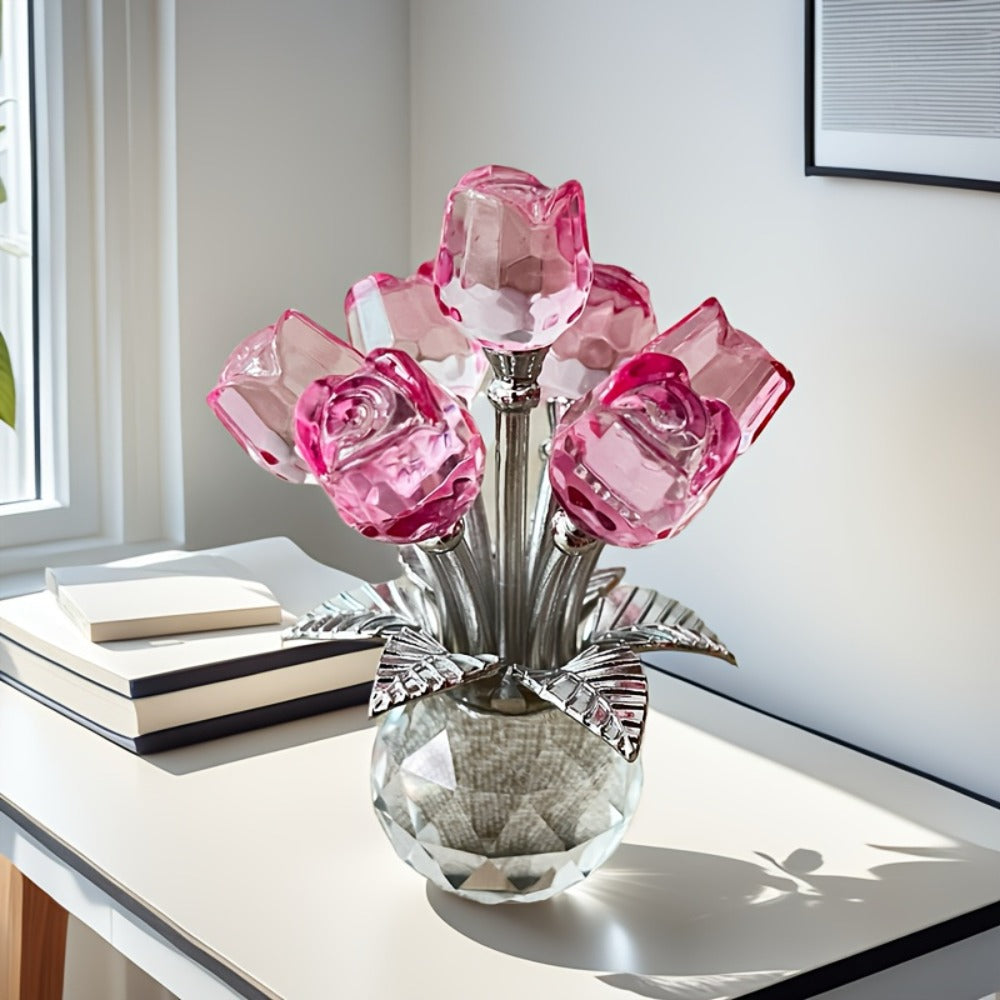 Glass Rose Floral Sculpture in Blue or Purple with Five Faceted Blooms and Silver-Tone Leaves for Display