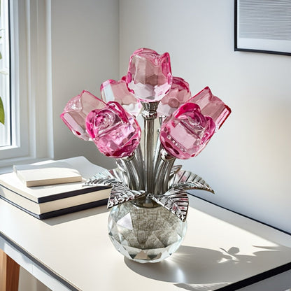 Glass Rose Floral Sculpture in Blue or Purple with Five Faceted Blooms and Silver-Tone Leaves for Display