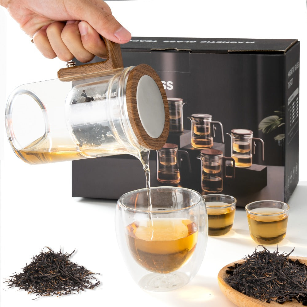 Twenty-Seven-Ounce Glass Teapot with Infuser, Wooden Handle and One-Button Tea Separation Design