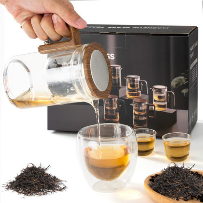 Twenty-Seven-Ounce Glass Teapot with Infuser, Wooden Handle and One-Button Tea Separation Design