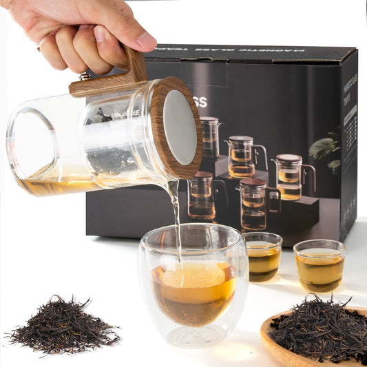 Glass Teapot with Infuser & Wooden Handle – Borosilicate Tea Kettle, One-Button Tea-Water Separation, Drip-Free Spout, 27oz for Loose Leaf & Blooming Tea, Holiday Gift for Men & Women