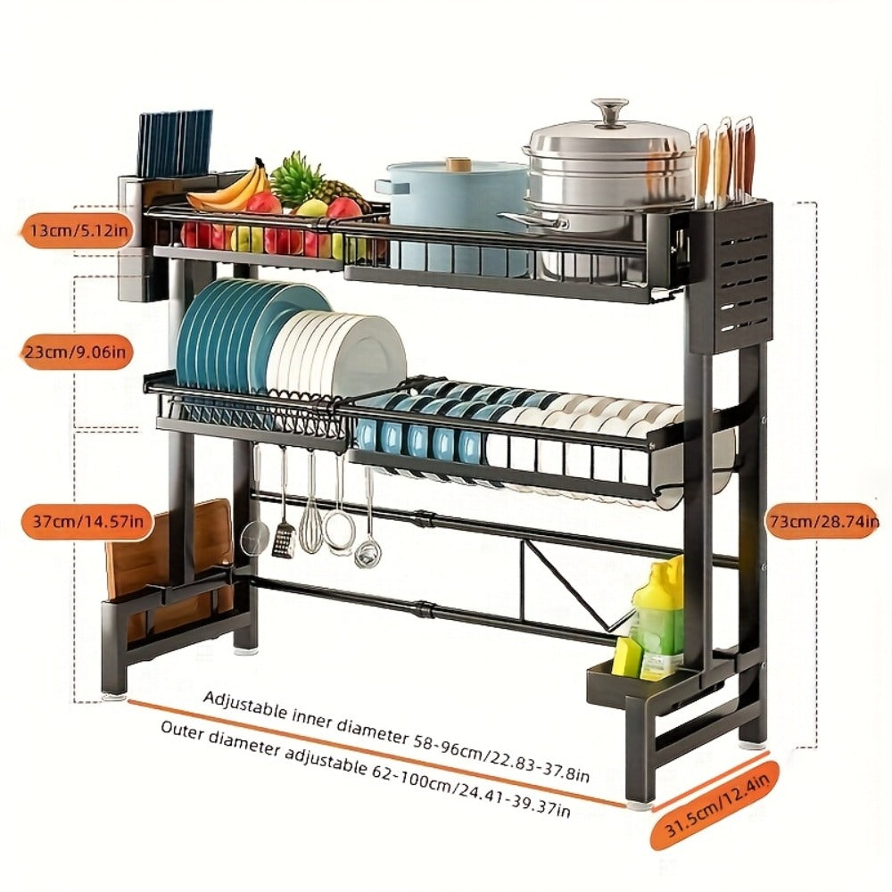 Expandable Over-Sink Dish Drying Rack with Single- or Double-Layer Black Frame and Adjustable Width