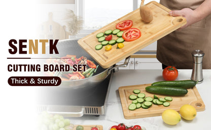 Wood Cutting Board Set of 3 Natural Wooden Chopping Boards with Juice Groove & Non-Slip Edges – Reversible Design for Meat BBQ Home Kitchen Restaurant Holiday Gift