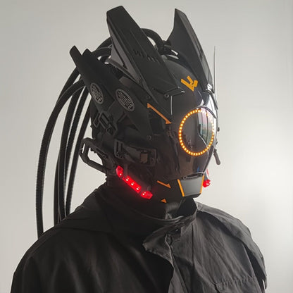 LED Braided Cyberpunk Costume Helmet with Circular Face Light and Blue, Green or Pink Accent Styles