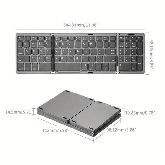 Foldable Bluetooth Keyboard with Numeric Keypad Triple Fold BT5.1 3-Device Multi-Switch USB-C Rechargeable Portable Wireless Keyboard for iPhone iPad Android Tablet Windows Mac Grey