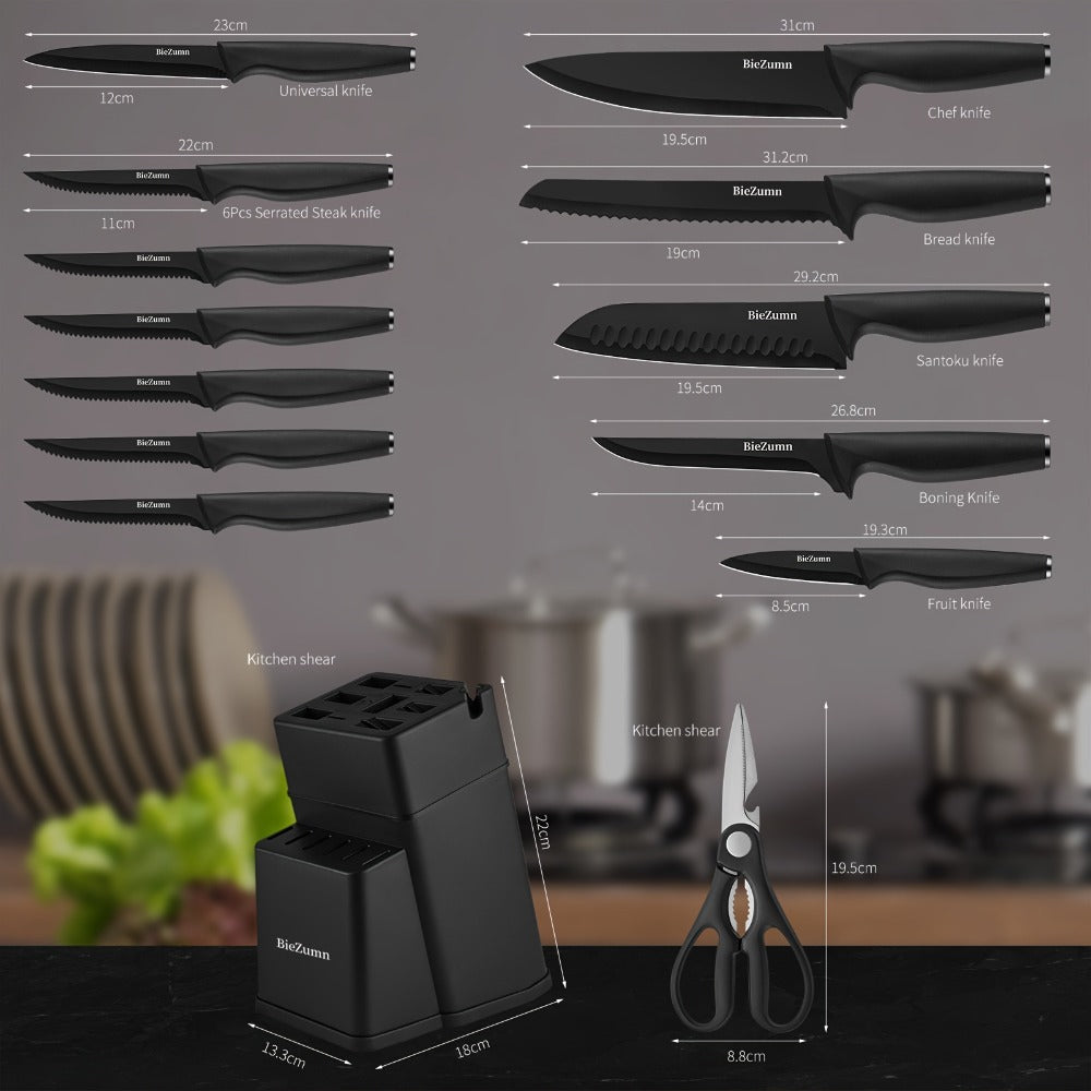 Black Kitchen Knife Set with Three-Piece or 14-Piece Options, Storage Block and Scissors on Larger Package