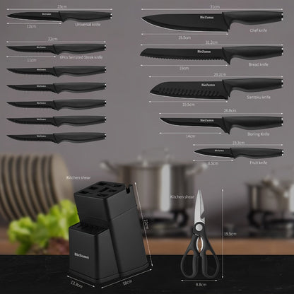 Black Kitchen Knife Set with Three-Piece or 14-Piece Options, Storage Block and Scissors on Larger Package