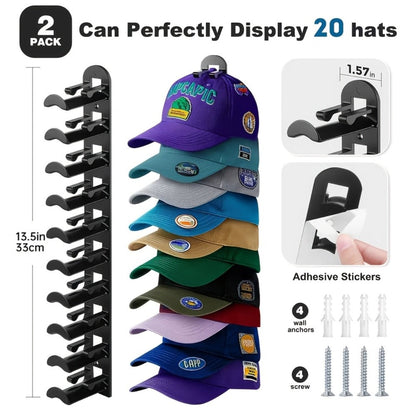 Wall Mounted Hat Rack for Baseball Caps – Adhesive or Drill Mount, Holds 20 Hats, Multilayer Storage, 2pcs