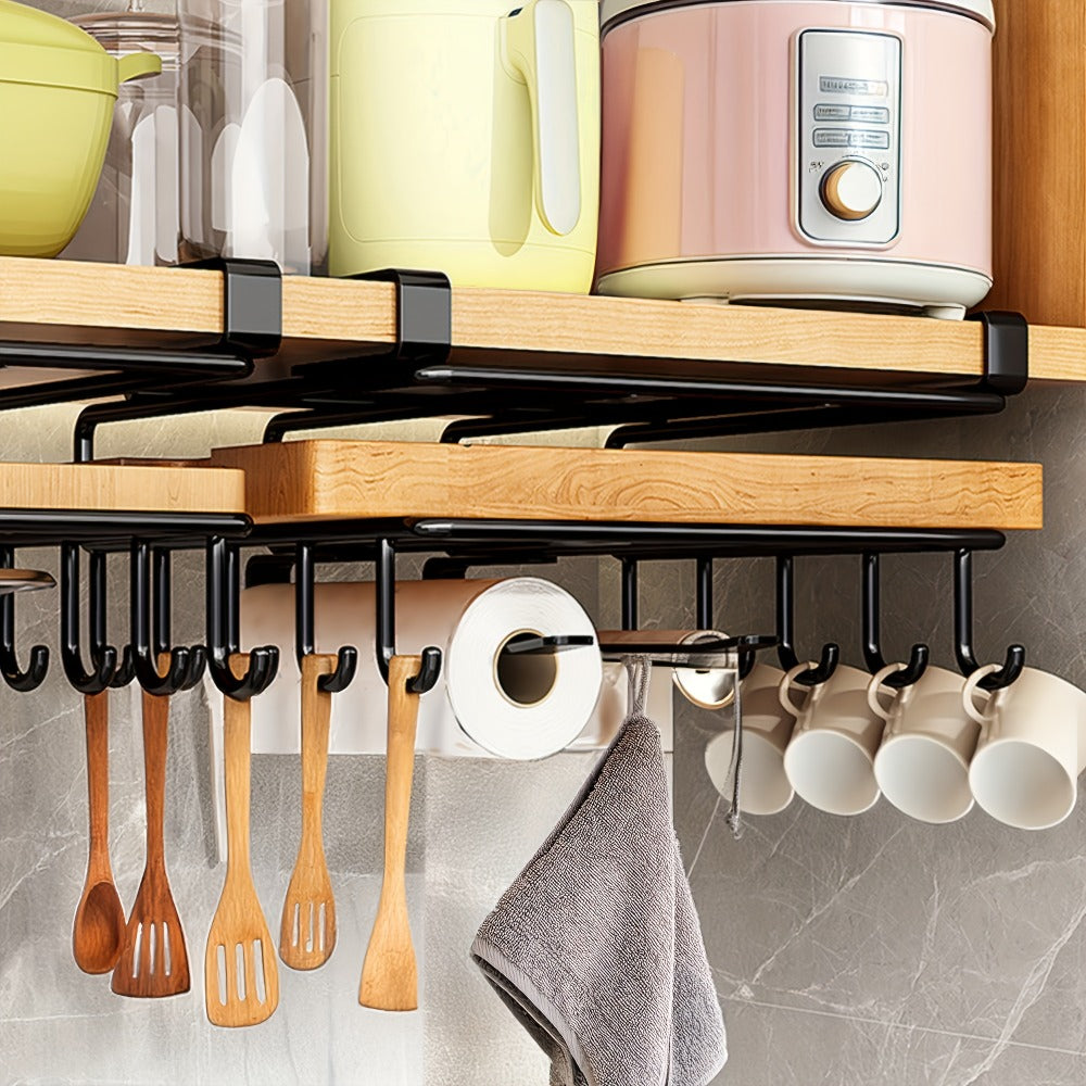 Under Cabinet Organizer Rack with Hooks – Heavy Duty Carbon Steel Kitchen Shelf for Utensils, Towels, Cups & Cutting Boards – No-Drill Door-Mount Space-Saving Kitchen Storage