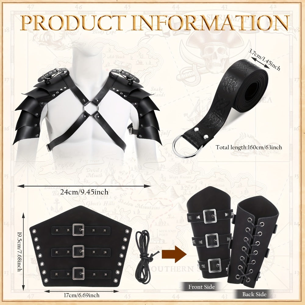 Costume Accessories 4-Piece Medieval Armor Set with Shoulder Cape, Arm Guards and Belt in Black