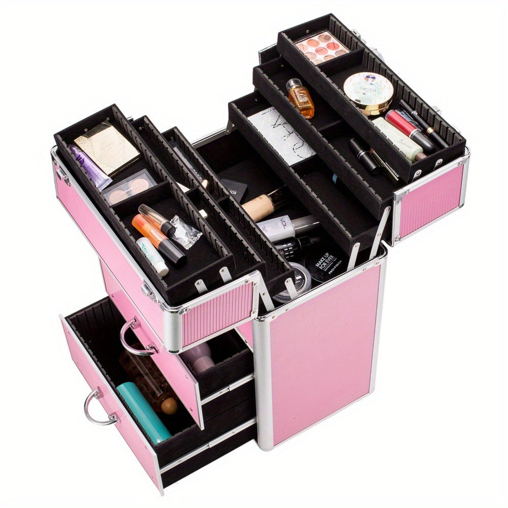 Pink Four-Tier Rolling Makeup Train Case with Fold-Out Top Trays, Two Drawers and Telescoping Handle