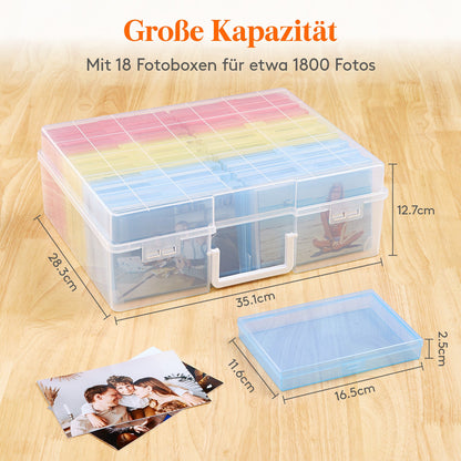 Photo Storage Box with 14 or 18 Inner Keeper Cases in Clear, Black or Multicolor Configurations