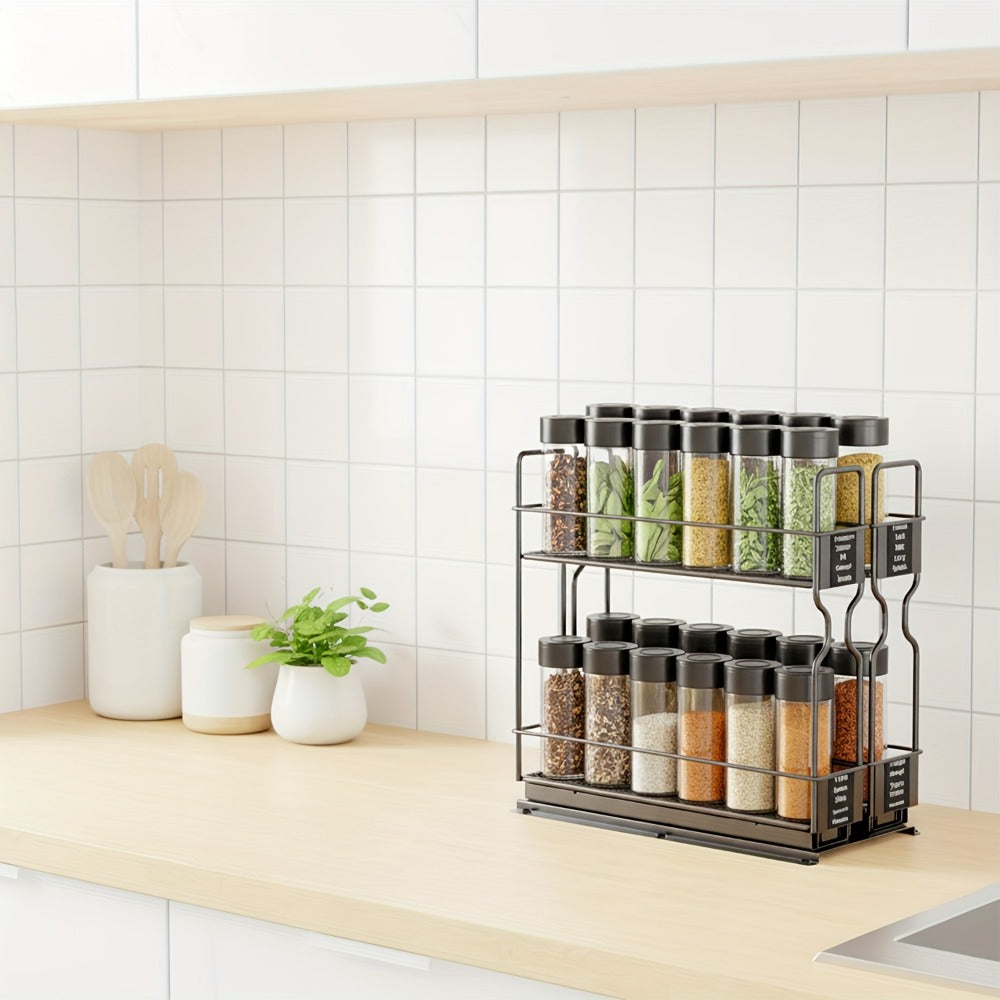 Pull-Out Spice Rack Kitchen Organizer with Two Slide-Out Drawers, 415 Labels and 5.2 x 10.75-Inch Footprint